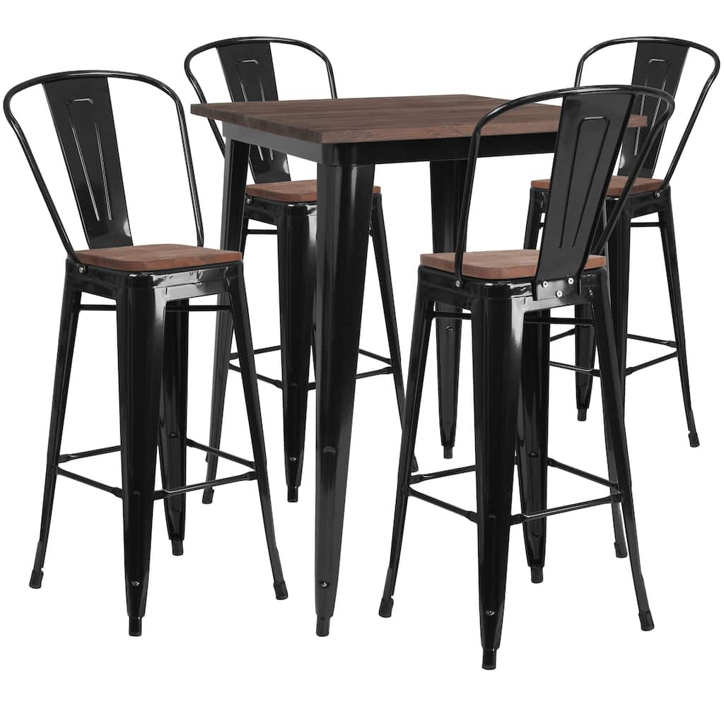 31.5" Square Metal Bar Table Set with Wood Top and 4 Stools