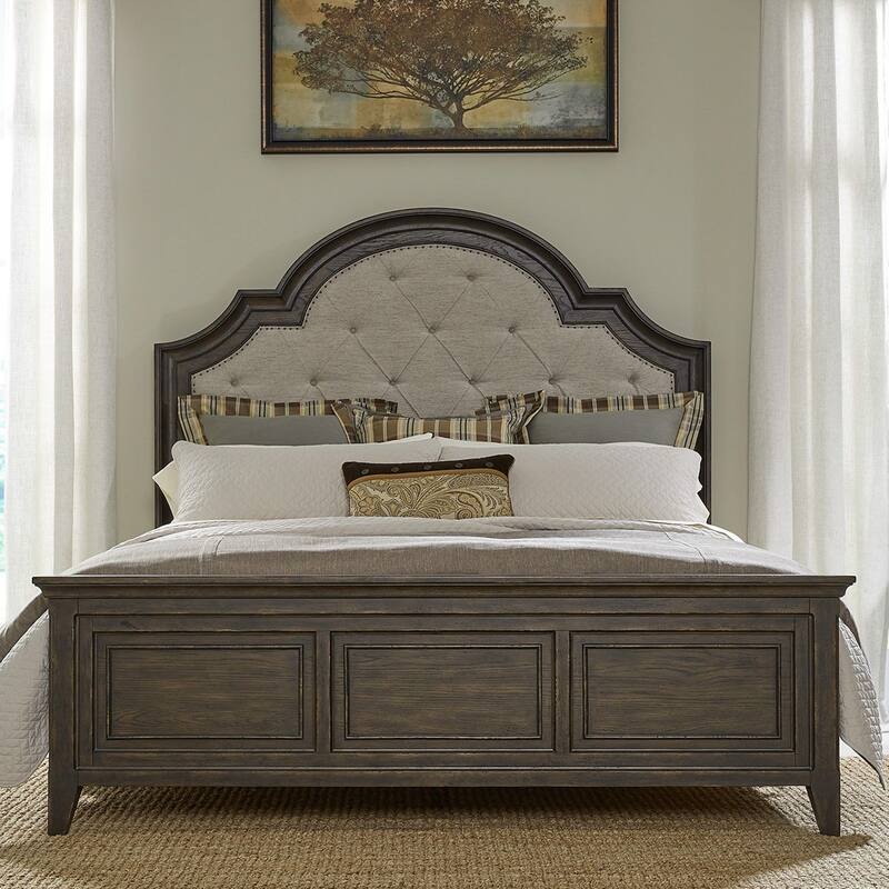 Paradise Valley Saddle Brown Upholstered Bed, Dresser and Mirror, & Nightstand - King