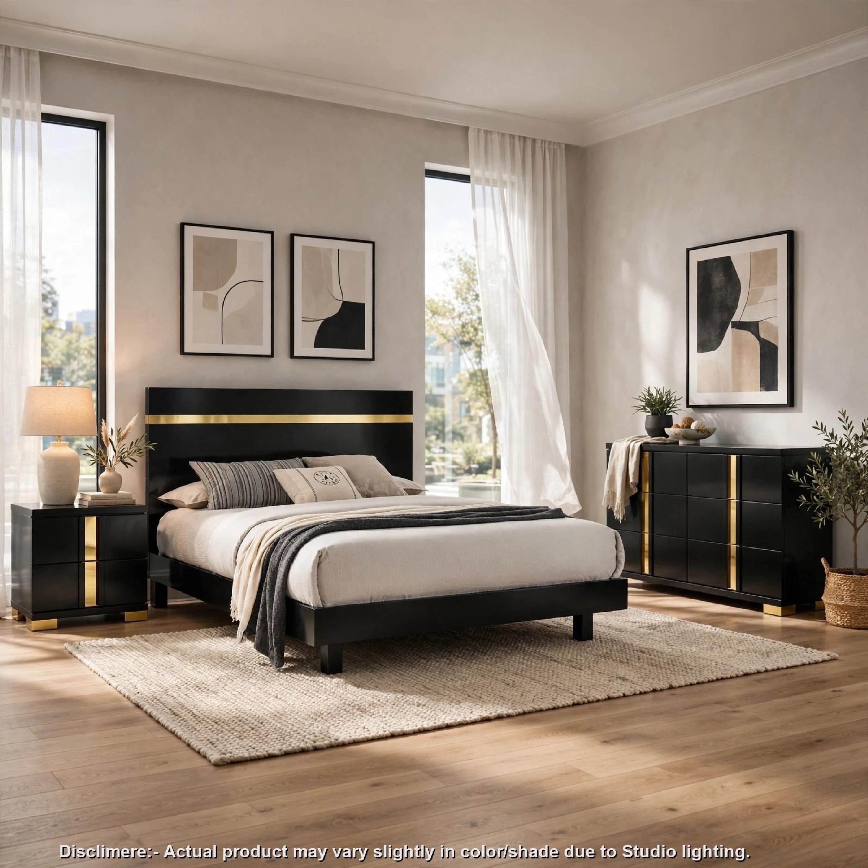 Full Bedroom Set, Black and Gold, 3 Piece Set with Dresser and Nightstand