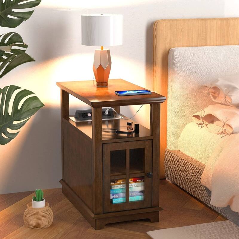 End Table with Hidden Charging Station - 23.6"D x 14"W x 23.6"H - Cherry
