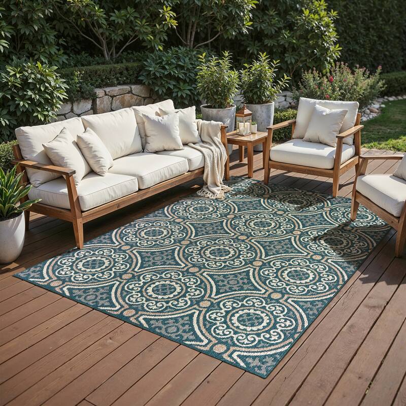 Vista Home Higgins Panel Medallion Indoor/ Outdoor Area Rug by Havenside Home - 6' 7" x 9' 2" - Blue/Grey - Rectangle