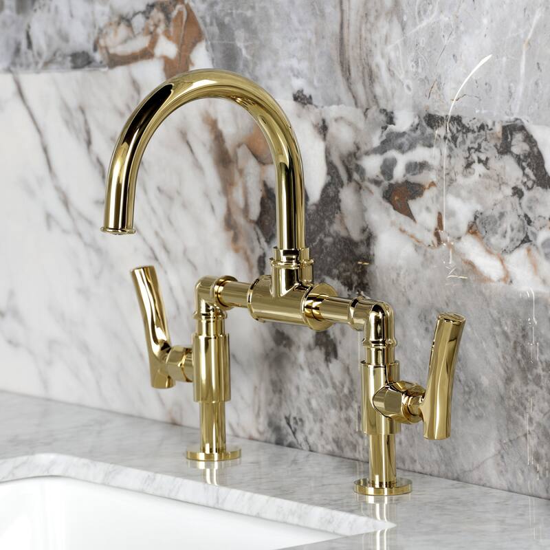 Kingston Brass Hallerbos Two-Handle 4-Hole Deck Mount Bridge Bathroom Faucet with Brass Pop-Up Drain