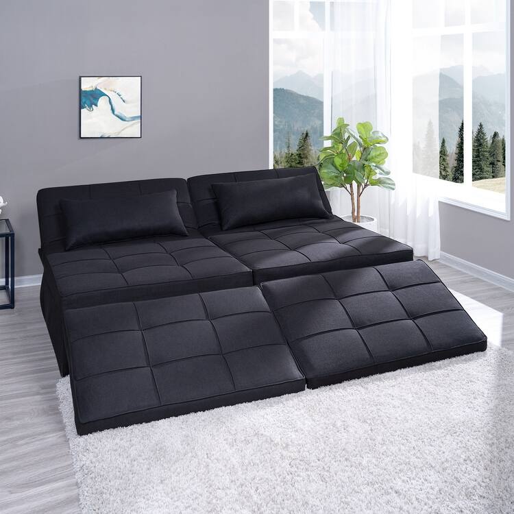 Sleeper Chair Bed, 4 In 1 Multi-Function Convertible Ottoman Bed, Breathable Linen Bed Chair, Convertible Sofa Bed - Black,Set of 2