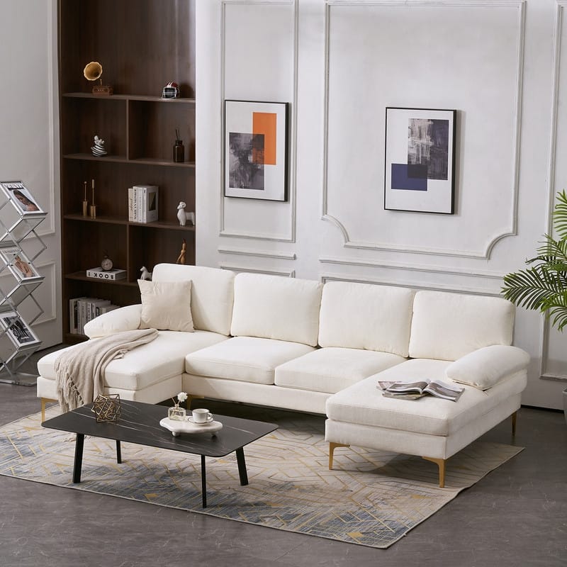 U-Shaped 4-Seat Indoor Sectional Sofa - Off White Chenille