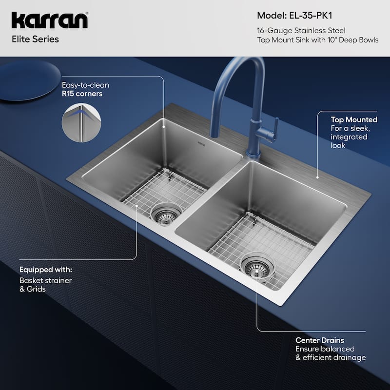 Karran 33" Top Mount Double Equal Bowl Stainless Steel Sink Kit
