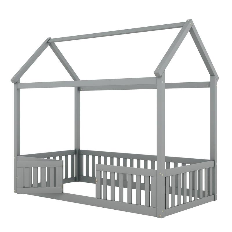 Twin Size Gray Wooden House Bed with Fence and Door for Kids
