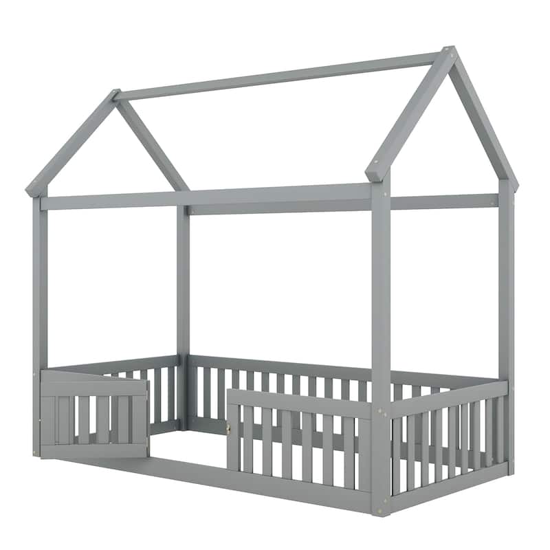 Twin Size Wood House Bed with Fence and Door, Wooden Bedframe w/Roof