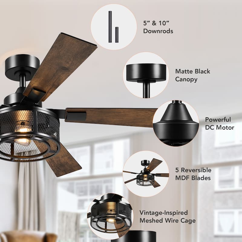 52" 5 - Blade Industrial Farmhouse Meshed Cage Ceiling Fan with Light and Remote