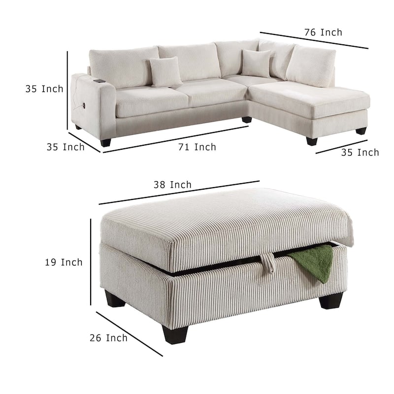 Roe 3pc Sectional Sofa Set with Chaise, Ottoman, 2 Pillows, Ivory