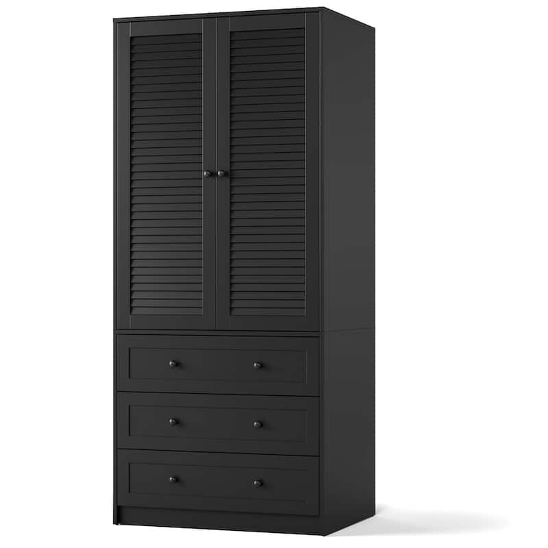 Armoire Wardrobe Closet with Drawers, 69.5" Wooden Wardrobe Cabinet with Hanging Rod, 2 Doors Clothing Storage Cabinet