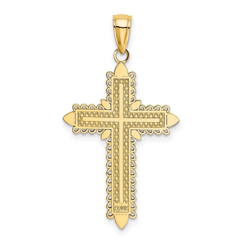Curata 14k Yellow Gold Lace Border Textured Cross Necklace 18mm x 36mm