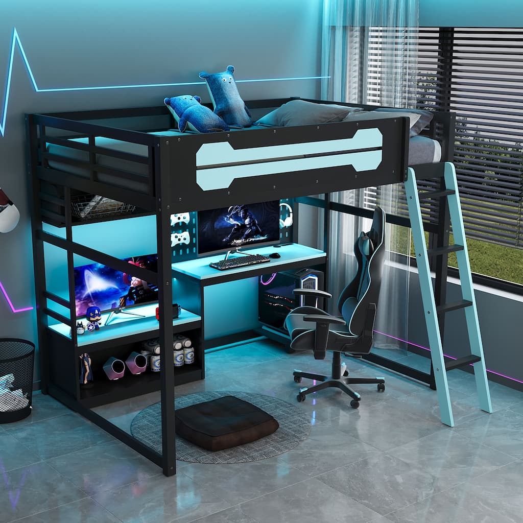 Full Size Wood Loft Bed with Desk, Shelves, LED Lights, USB Ports and Pegboard