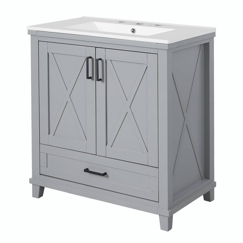 30" Bathroom Vanity - Solid Wood Frame, Single Sink, 2 Soft-Close Doors, Divided Drawer & Dual Storage Shelves