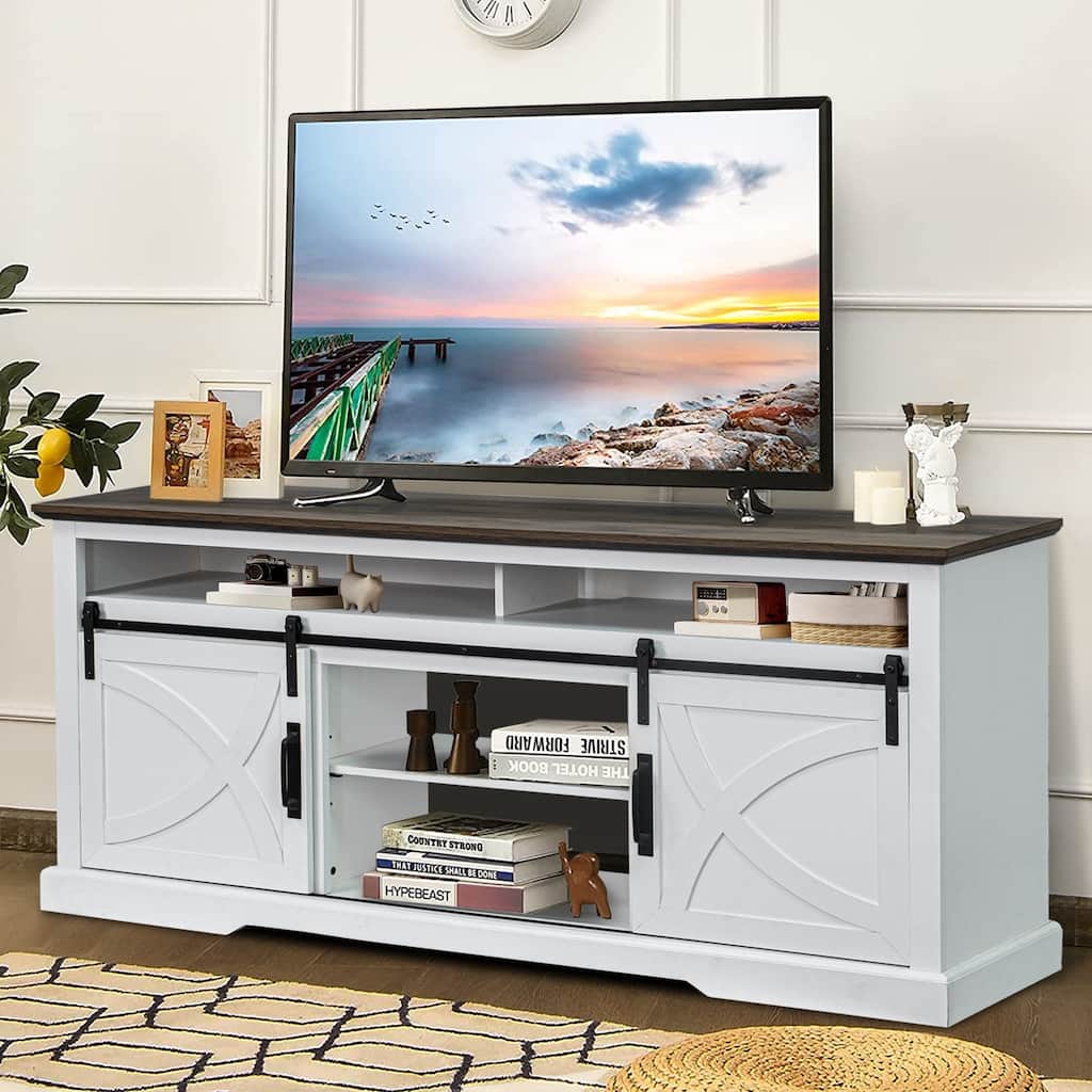 68" Rustic White Sliding Barn Door TV Stand Adjustable Media Console for TVs up to 80"