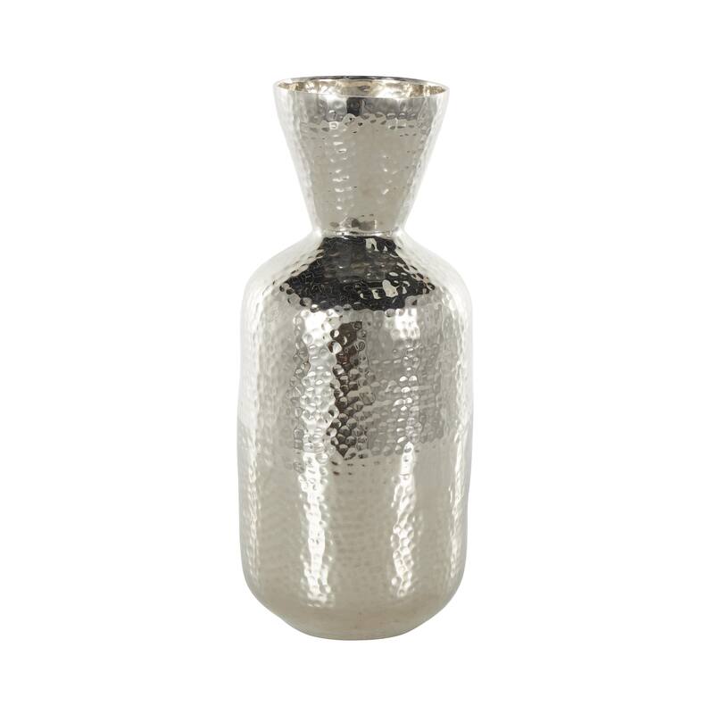 Silver Aluminum Metal Hammered Decorative Vase with Cone Shaped Opening