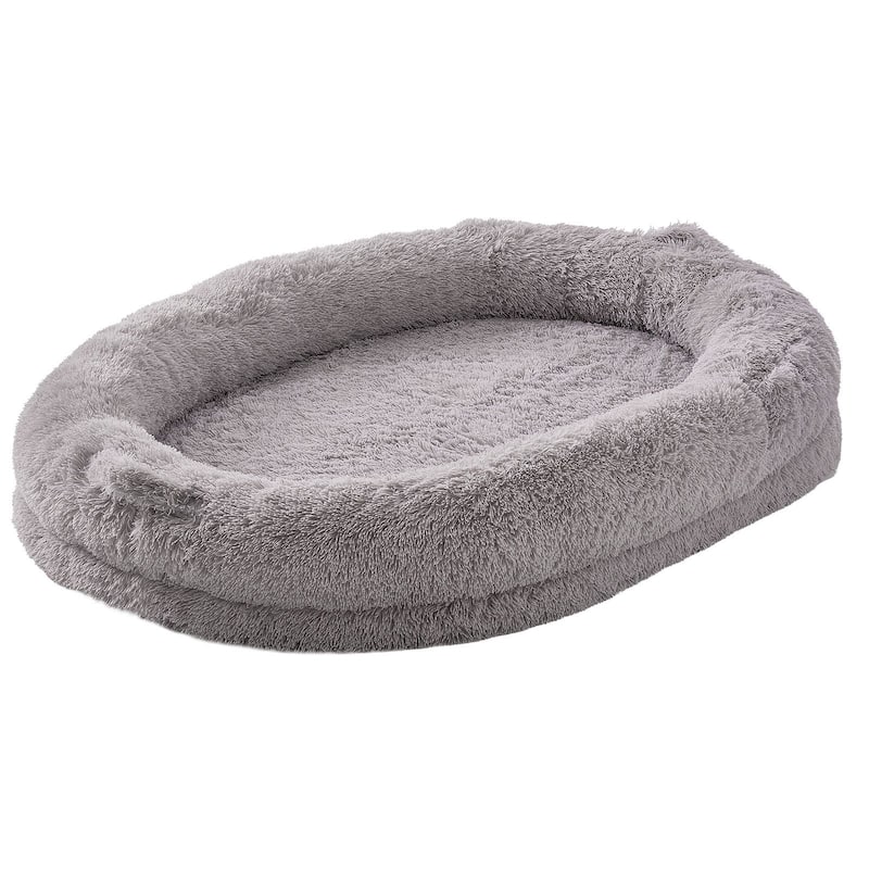 Grey Oval Shape Velvet Large Human Size Dog Bean Bed with Side Handles and Side Pocket for Storage - 71.7” x 48’ x 9.8”