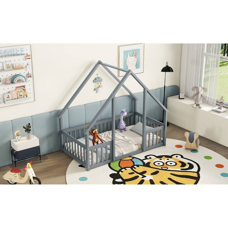 Roomfitters Twin/Full Wood House-Shaped Floor Bed with Fence and Guardrails, Low Profile Platform Bed, No Box Spring Needed