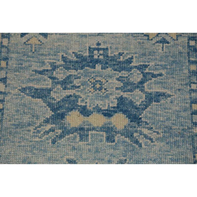 Hand Knotted Oriental 100% Wool Carpet Transitional Geometric Navy Blue & Blues Oushak Runner Rug - 14' 3'' X 2' 11''