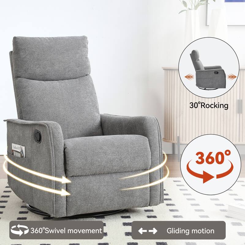 Heat Massage Manual Recliner Chair, 360° Swivel Glider Fabric Rocker - Grey