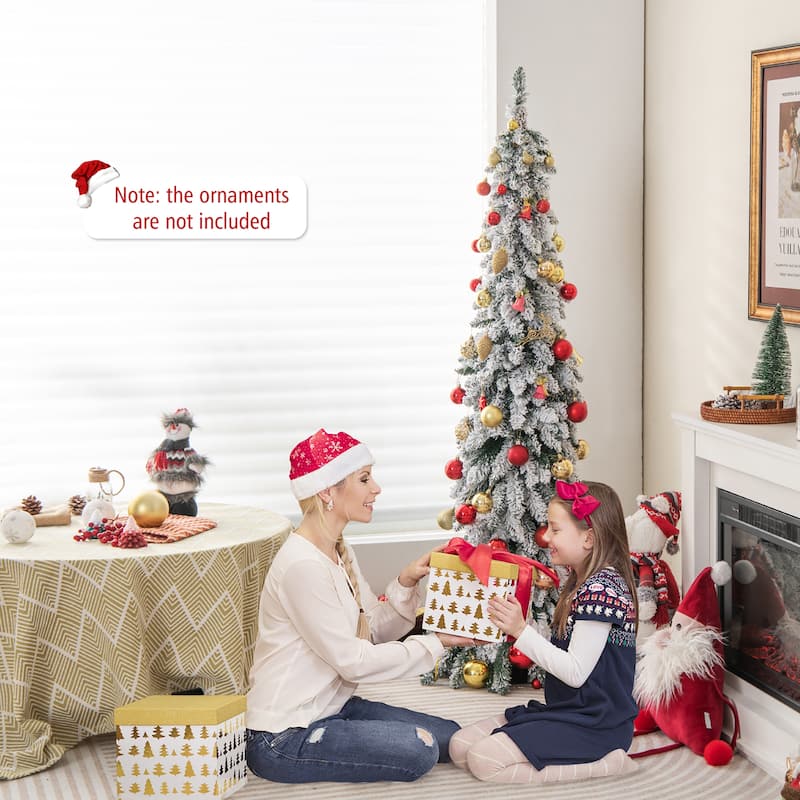 Gymax 4/5/6 FT Pre-Lit Artificial Christmas Tree Snow-Flocked Slim