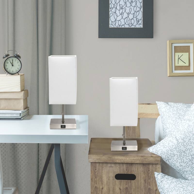 14.25 in. Brushed Steel Finish Table Lamp with White Shade, Durable Stick Lamp for End/Side Tables, Set of 2