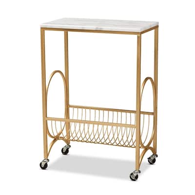 Jacek Gold Finished Metal Wine Cart with Marble Tabletop