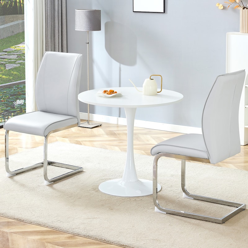 Roomfitters 3pcs Small Round Dining Table Set with PU Upholstered Chairs and Silver Arched Legs