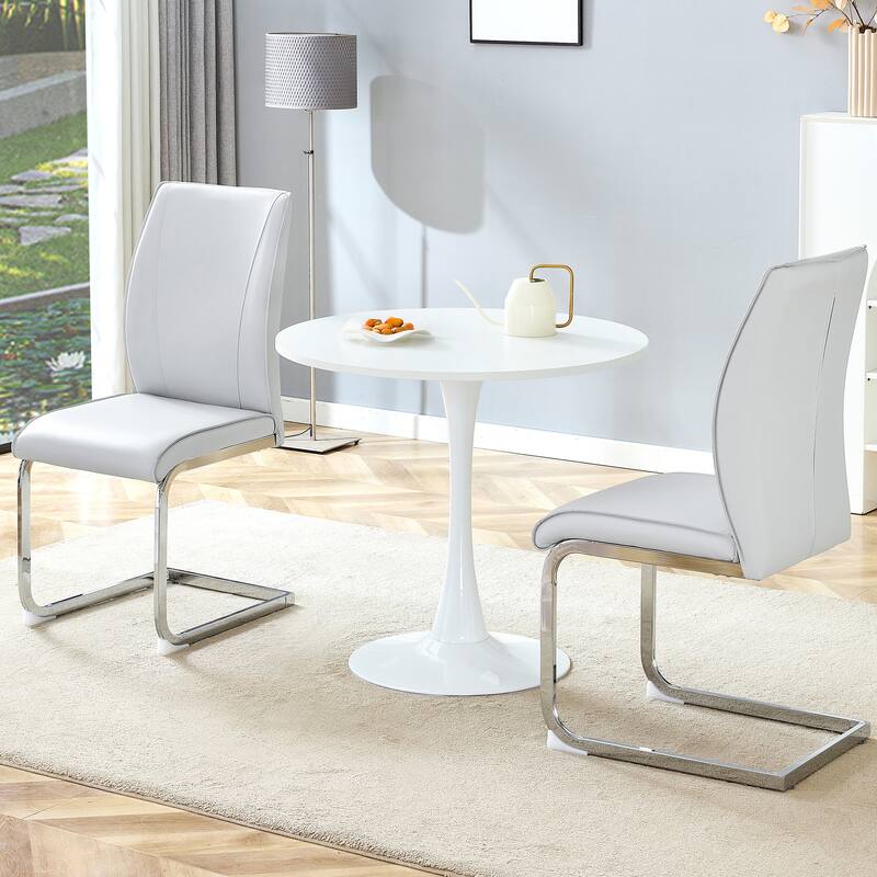 Table and chair set,Hourglass-Shaped Stable Small Round Table With 2 Soft and Comfortable PU Chair With Arched Metal Leg