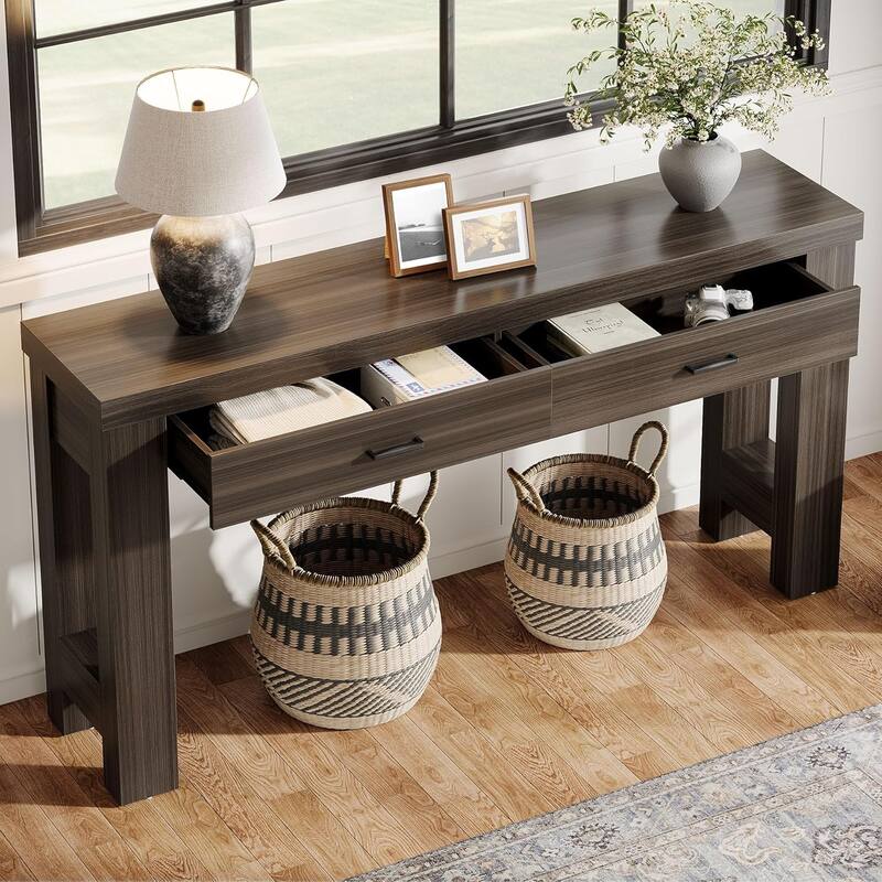 63 Inches Console Table with 2 Drawers, Wood Entryway Table with H-Shaped Legs
