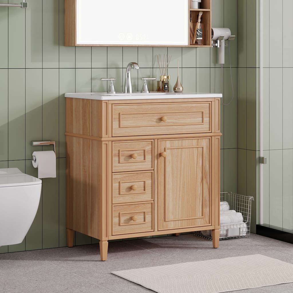 30 Inch Bathroom Vanity with Sink, Solid Wood Cabinet with Flip-Out Drawer and Soft-Close Doors