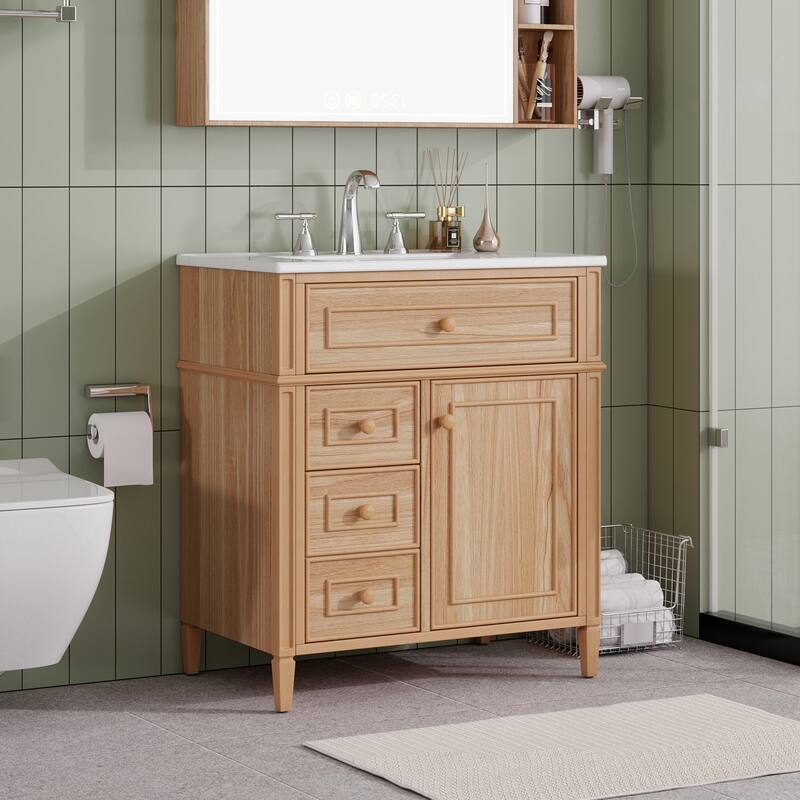 30 Inch Bathroom Vanity with Sink, Solid Wood Cabinet with Flip-Out Drawer and Soft-Close Doors - Wood