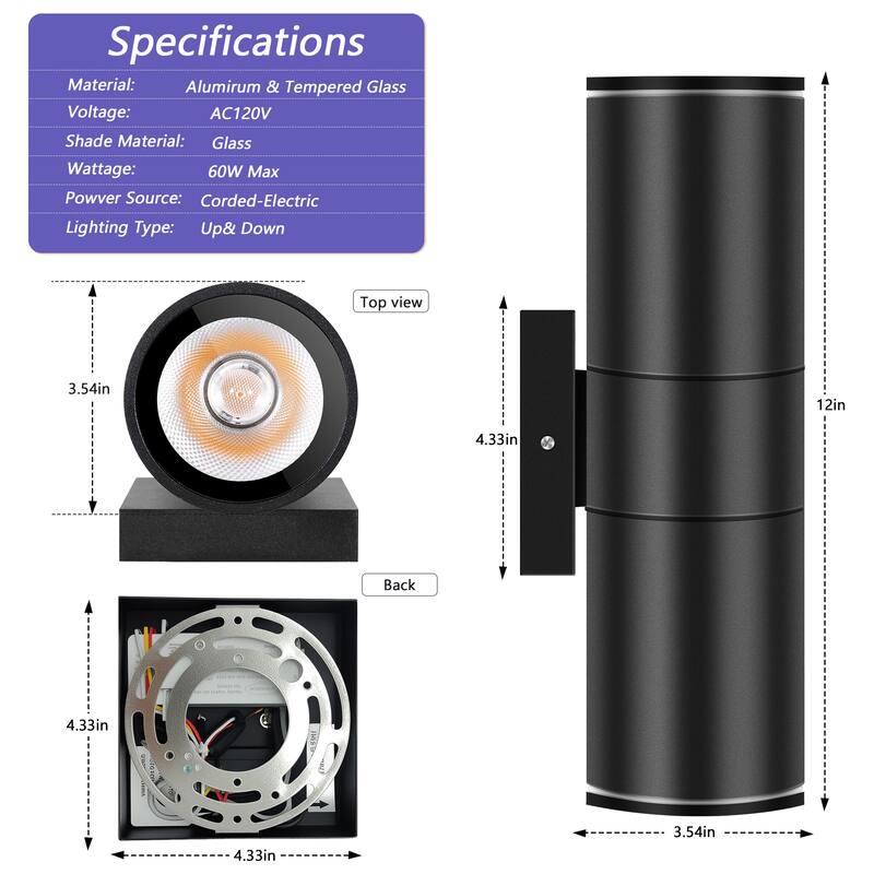 Dimmable LED Outdoor Wall Light, Cylinder Up Down Sconce with Triac Dimming, Aluminum Waterproof for Porch/Patio/Home Exterior