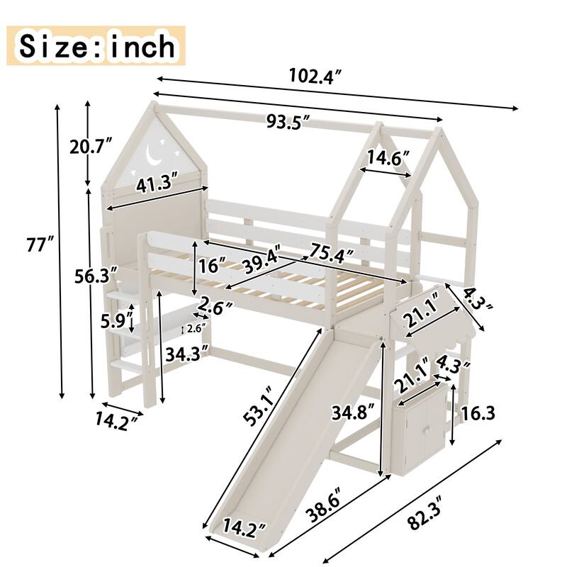 Roomfitters House Loft Bed with Slide and Bookshelf, Star Moon Roof Design