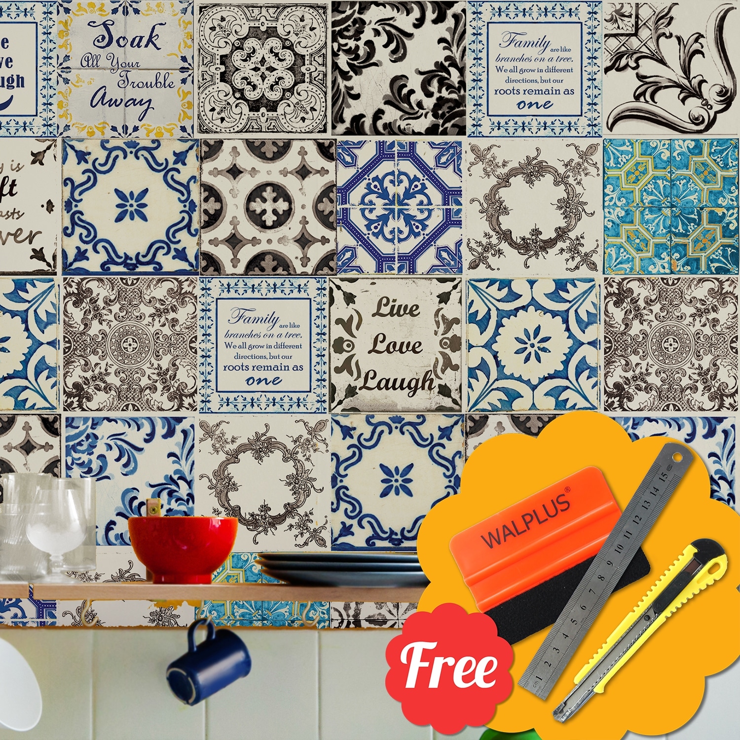 English Quote Vintage Brown Blue mix Mosaics Tile Stickers DIY Decal Size:15cm