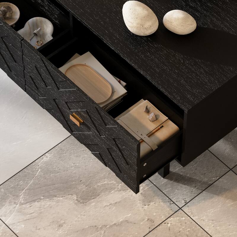 Black Embossed Storage Coffee Table w/Gold Handles Modern Living Room Centerpiece Sofa Table