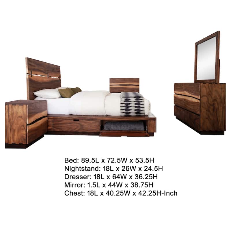 Zeko 5pc Queen Bedroom Set with Storage, Live Edge Smoky Walnut Brown