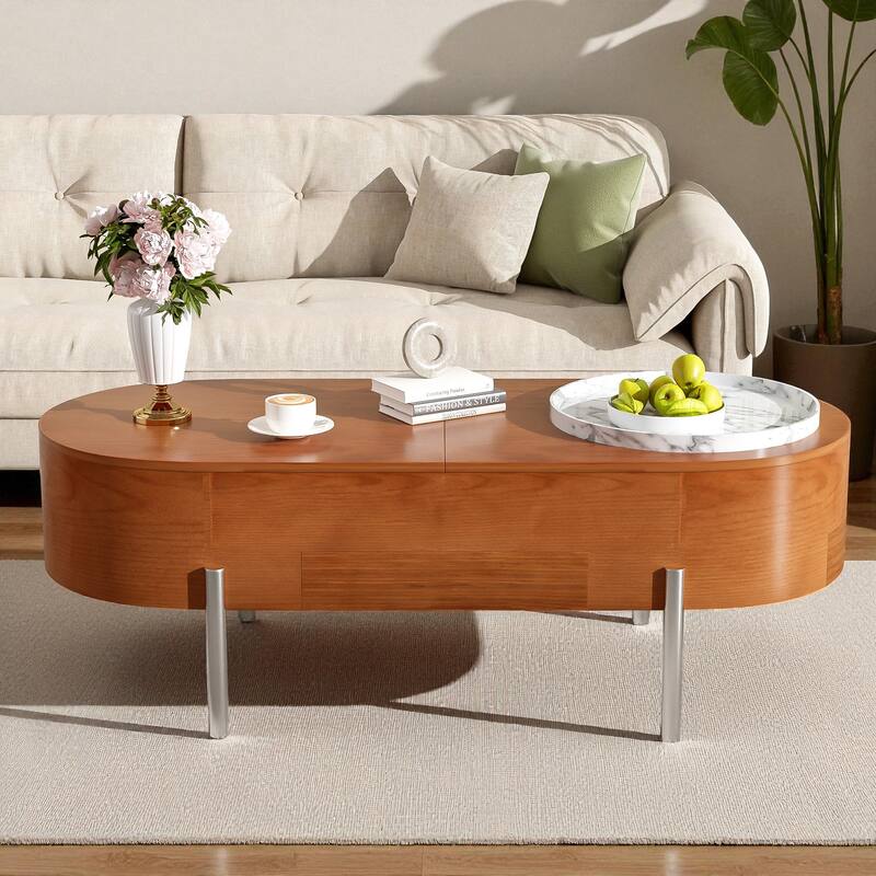 47.2'' Lift-Top Coffee Table with 360掳 Rotating Tray, Hidden Storage & Drawers, Modern Marble-Patterned Oval Center Table