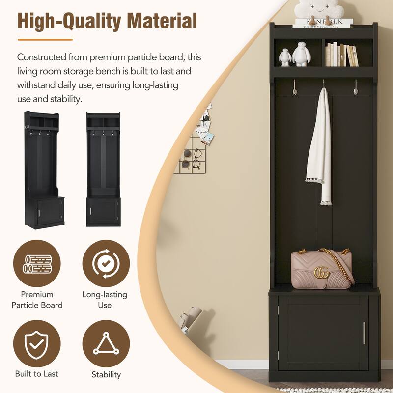 Multi-functional Wood Coat Rack with Cabinet and 6 Hanging Hooks