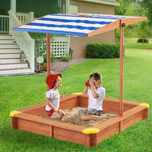 slide 2 of 7, 46" Wooden Kids Sandbox with Cover, Large Outdoor Cedar Sandpit for Backyard Play, Perfect Kids Gift for Toddlers Reddish Brown