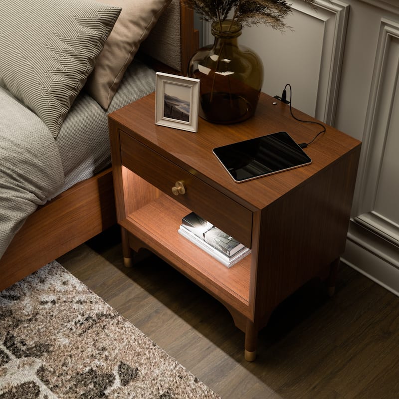 Furniture of America Forma Mid-Century Modern Walnut Solid Wood Nightstand With LED Light and USB Ports (Set of 2)