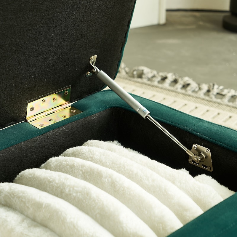 Velvet Fabric Storage Ottoman, Upholstered Button Tufted Storage Bench, End of Bed Bench with Safety Hinge & Metal Legs