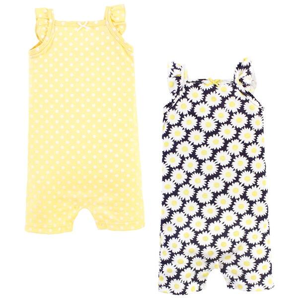 slide 1 of 1, Hudson Baby Infant Girl Cotton Rompers, Daisy 0 - 3 Months - Yellow/Blue
