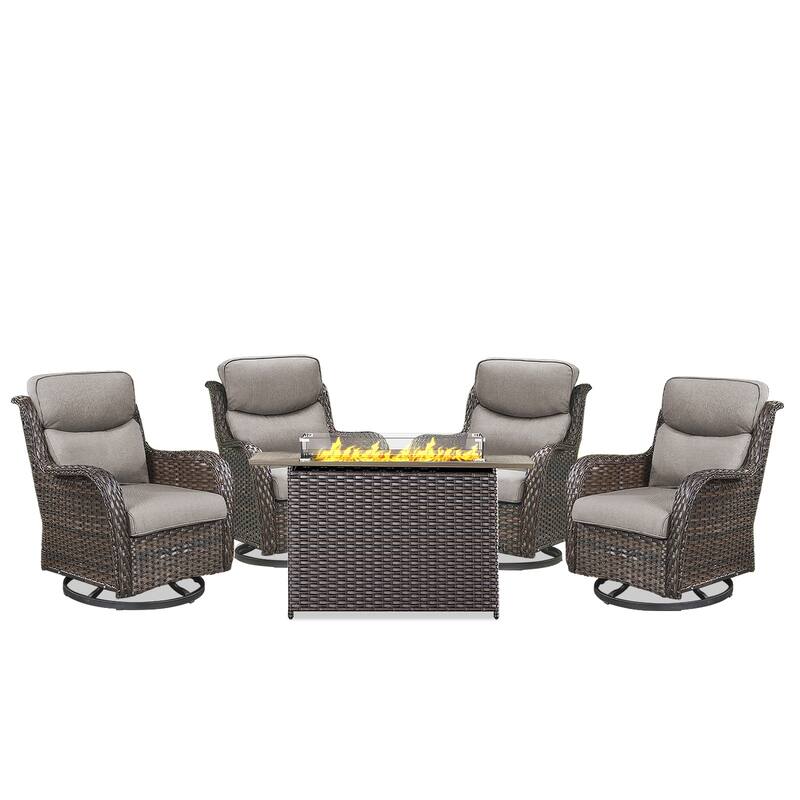 5 Pieces Outdoor Swivel Chairs Fire Pit Table with 5-Inch Thick Cushions