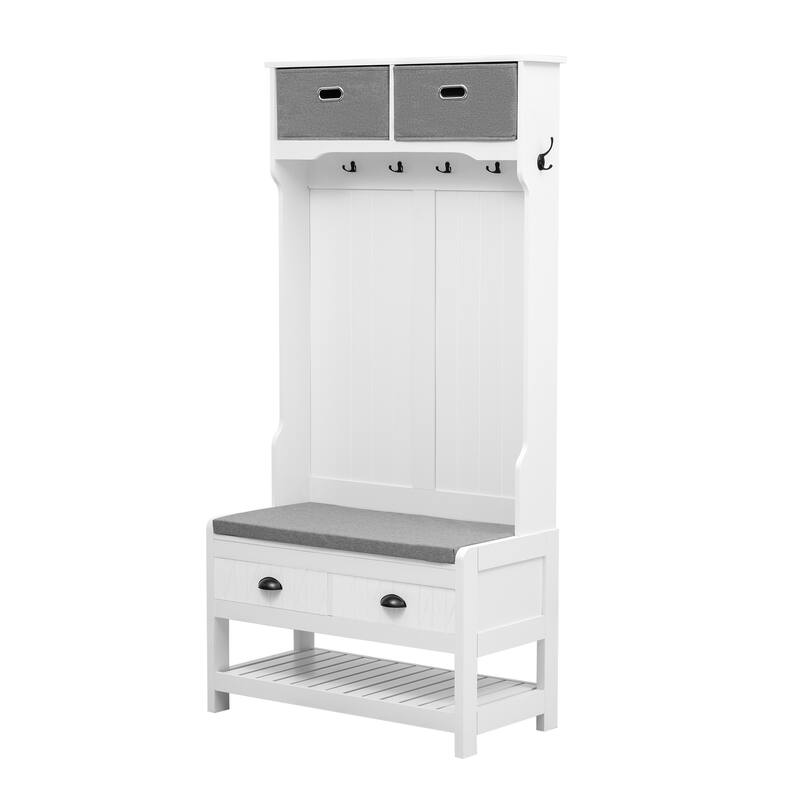 Hall Tree with 6 Hooks and Hinged Lid, Coat Hanger, Entryway Bench, Storage Bench, 3-in-1 Design, 69INCH - White