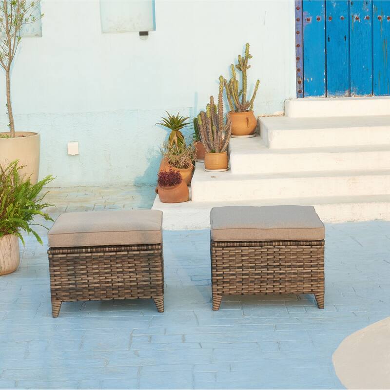 Gymojoy Outdoor Durable Wicker Ottomans with Olefin Cushions