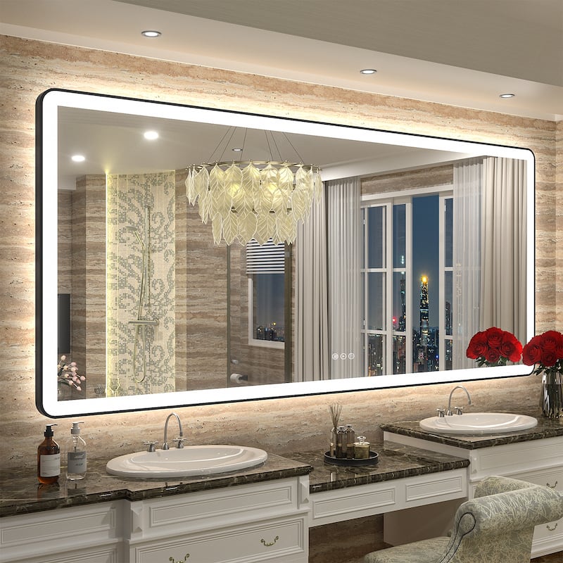 Framed Front & Back LED Lighted Anti-Fog Tempered Glass Wall Bathroom Vanity Mirror - 77" x 36"