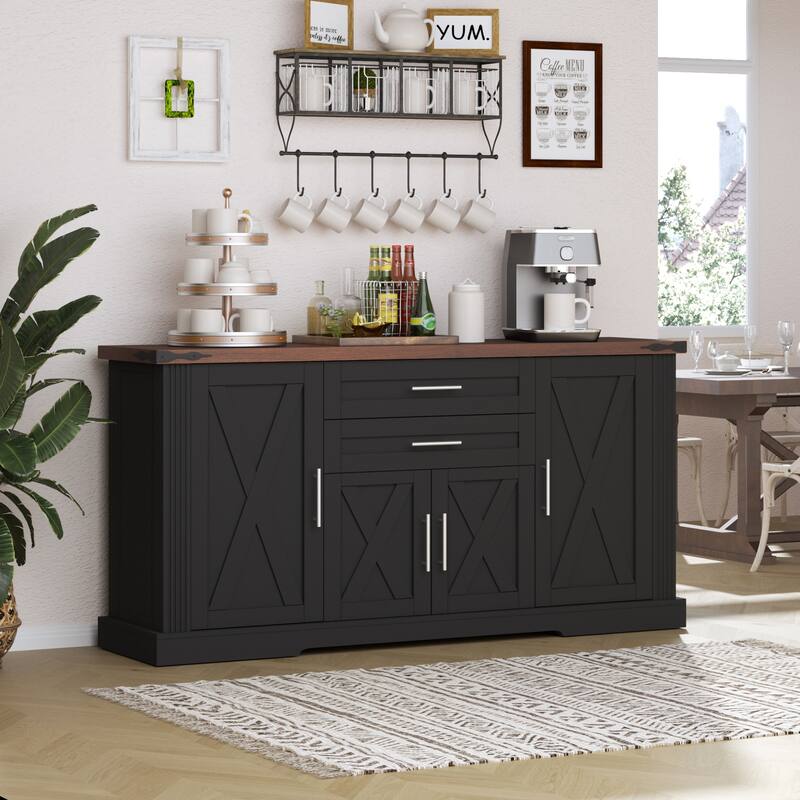 63"Barn Door Storage Cabinet with 2 Drawers & Door Rack, Large Buffet Table Coffee Bar Cabinets with Adjustable Shelves - Black