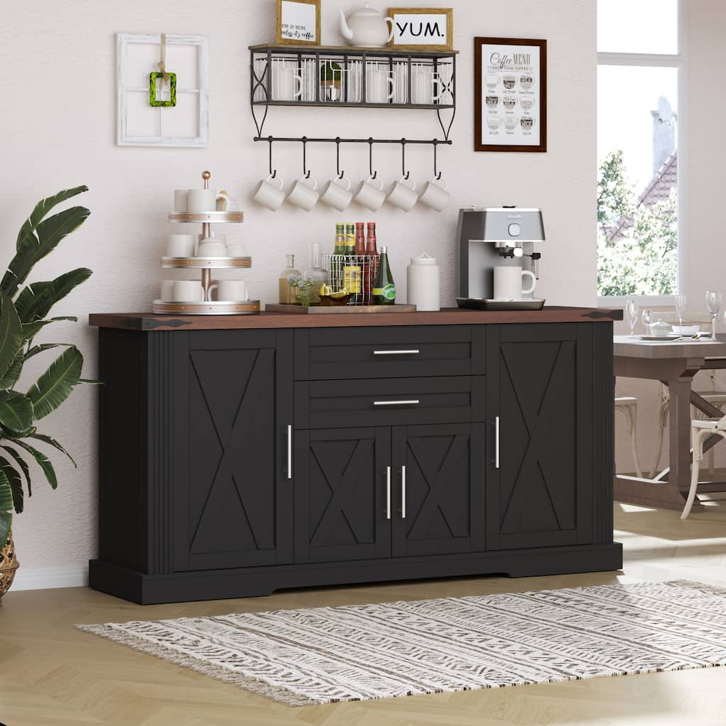 Farmhouse Storage Cabinet Buffet Sideboard with Barn Doors, 2 Drawers, Adjustable Shelves & Door Racks, Coffee Bar Console