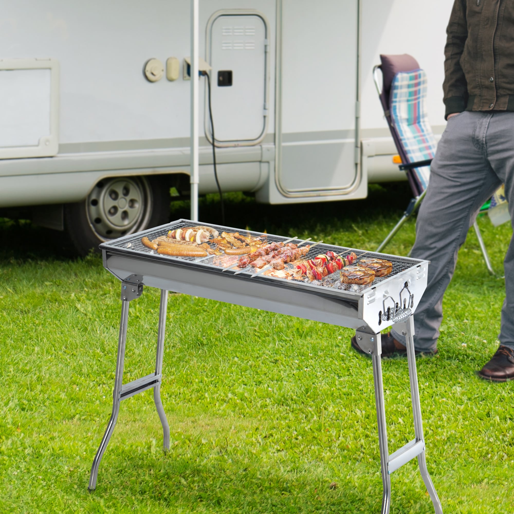 Portable Hibachi Tabletop Grill Dual Charcoal BBQ Chambers