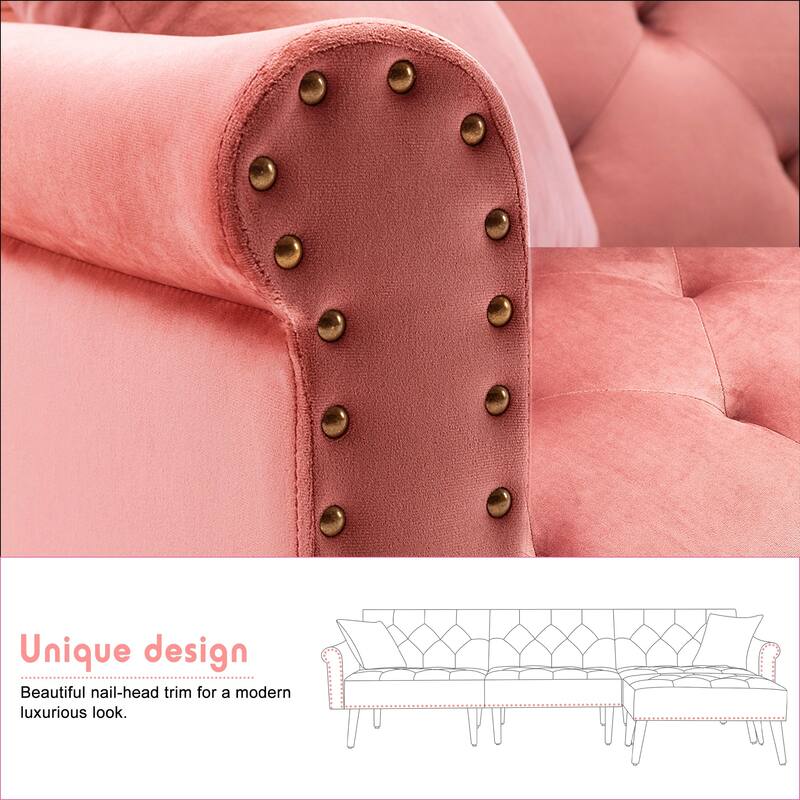 Convertible Velvet Sofa Couch, Sectional Sofa with Ottoman, Mid-Century Futon Sofa Bed - 32"D x 100.7"W x 29.9"H